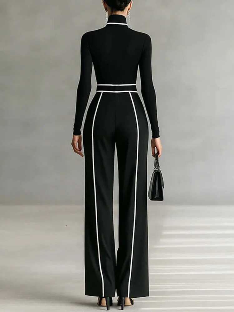 Women Fashion Color Blocking Outfits Casual Pocket Commuting Loose 2Pc Set Elegant Stand Collar Long Sleeve Top Long Pant SuitT251022