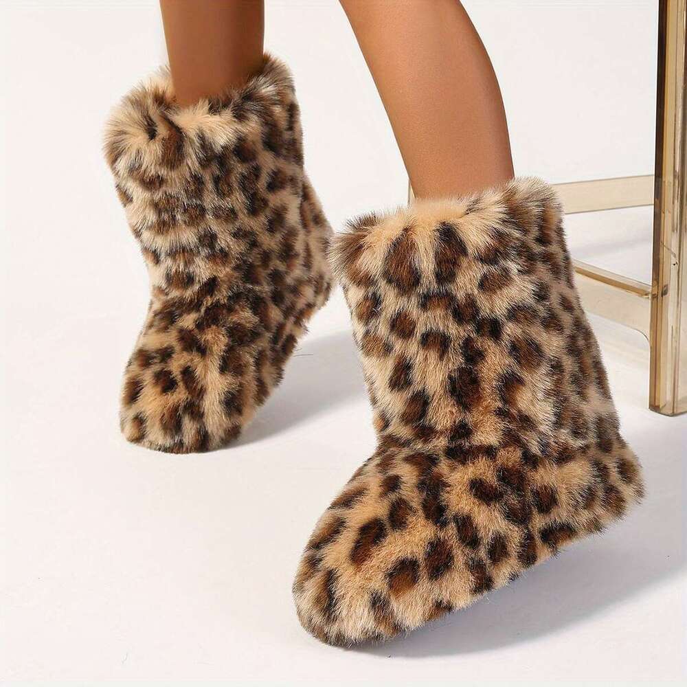 Women's Mid-Calf Faux Fur Y2k Fashion Winter Warm Snow Boots, Leopard Print Flat Heel, Round Toe Slip-On Cozy Booties With Soft TPR Sole