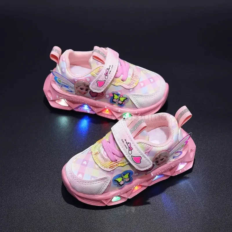 Disney LED Casual Sneakers For Spring Girls Frozen Elsa Princess Print Pu Leather Shoes Children Lighted Nonslip Pink Purple H251022