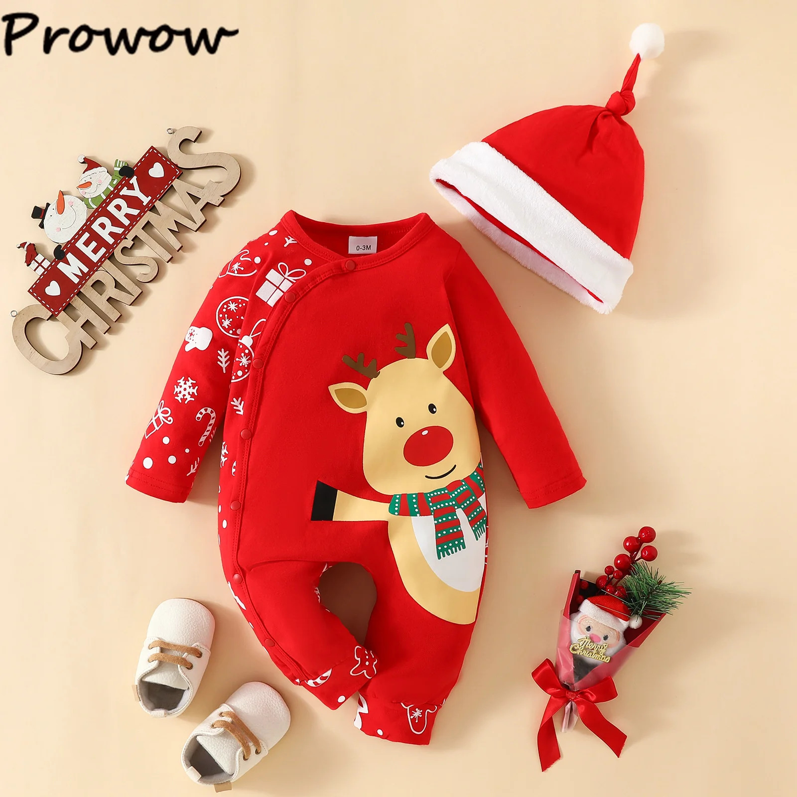 Prowow 2pcs My First Christmas Baby Clothes Long Sleeve Cute Cartoon Deer Jumpsuit and Xmas Hat Year Bbay Romper 251022
