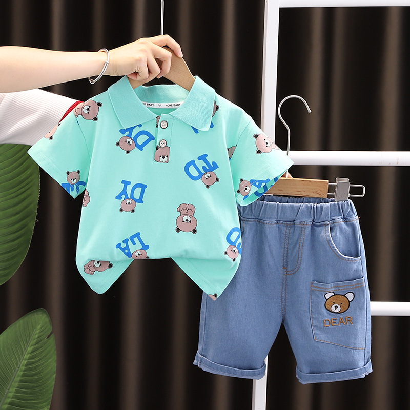 luxury kids clothing Free Shipping 2025 New Boys All-Over Bear Print 2-Piece Set, Summer Short Sleeve Outfit, Stylish Clothes for Toddler Boys