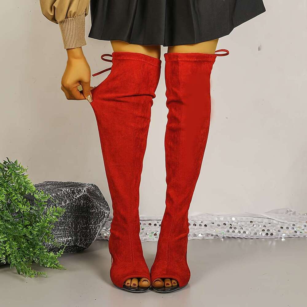 Stretch Boots With Chunky Heel, Peep Toe, And Heel Sandals For Casual Style, Hand Wash Or