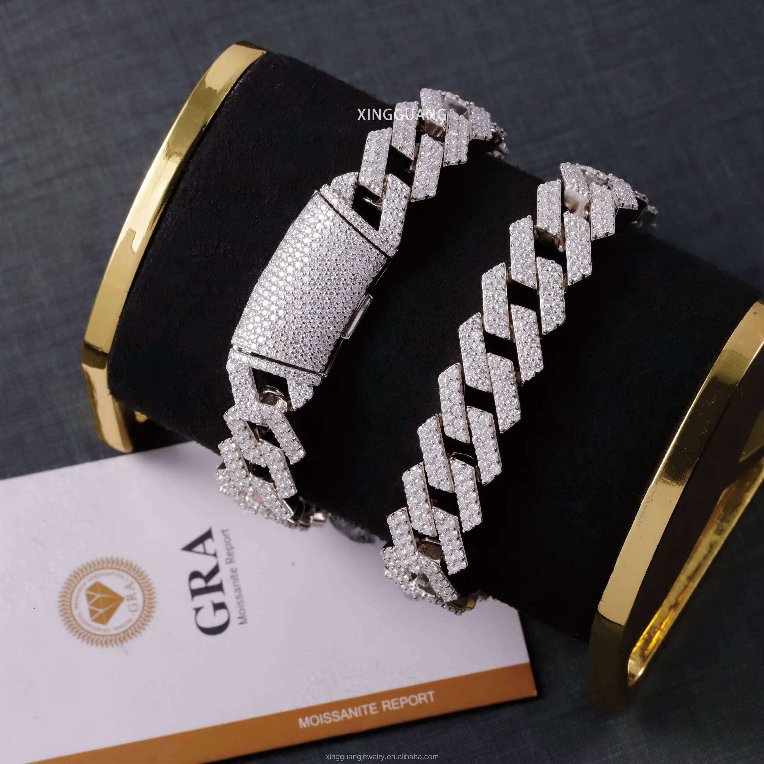 Hip Hop 14mm Moissanite Cuban Chain Iced Out 925 Silver 2 Rows White Gold Plated VVS Moissanite Cuban Lidynamic Chain Bracelet