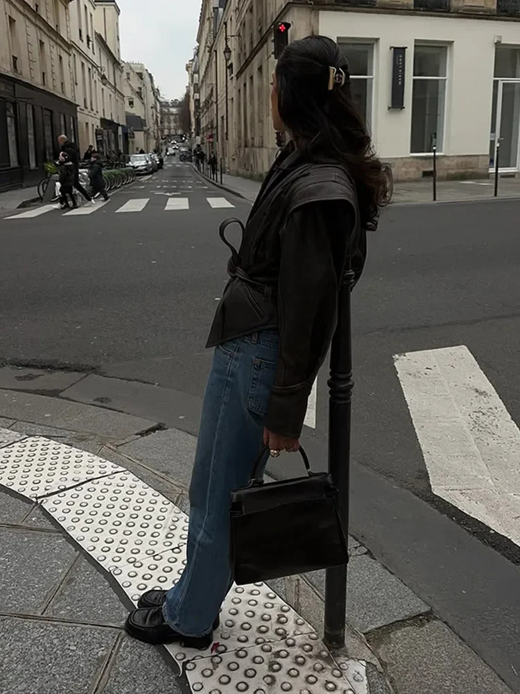 Vintage Vneck Belt Faux Leather Jackets Women Chic Full Sleeve Lace Up High Waist Lapel Overcoat Autumn Female Street Outerwear 251020