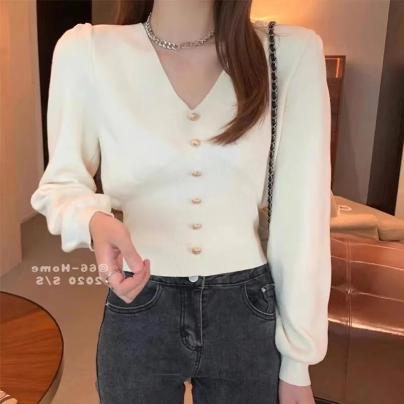 Casual Fashion Solid Button Womens Sweater Autumn Winter Vneck Long Sleeved Base Knitted Cardigan Slim Short Overcoat 2869 251020