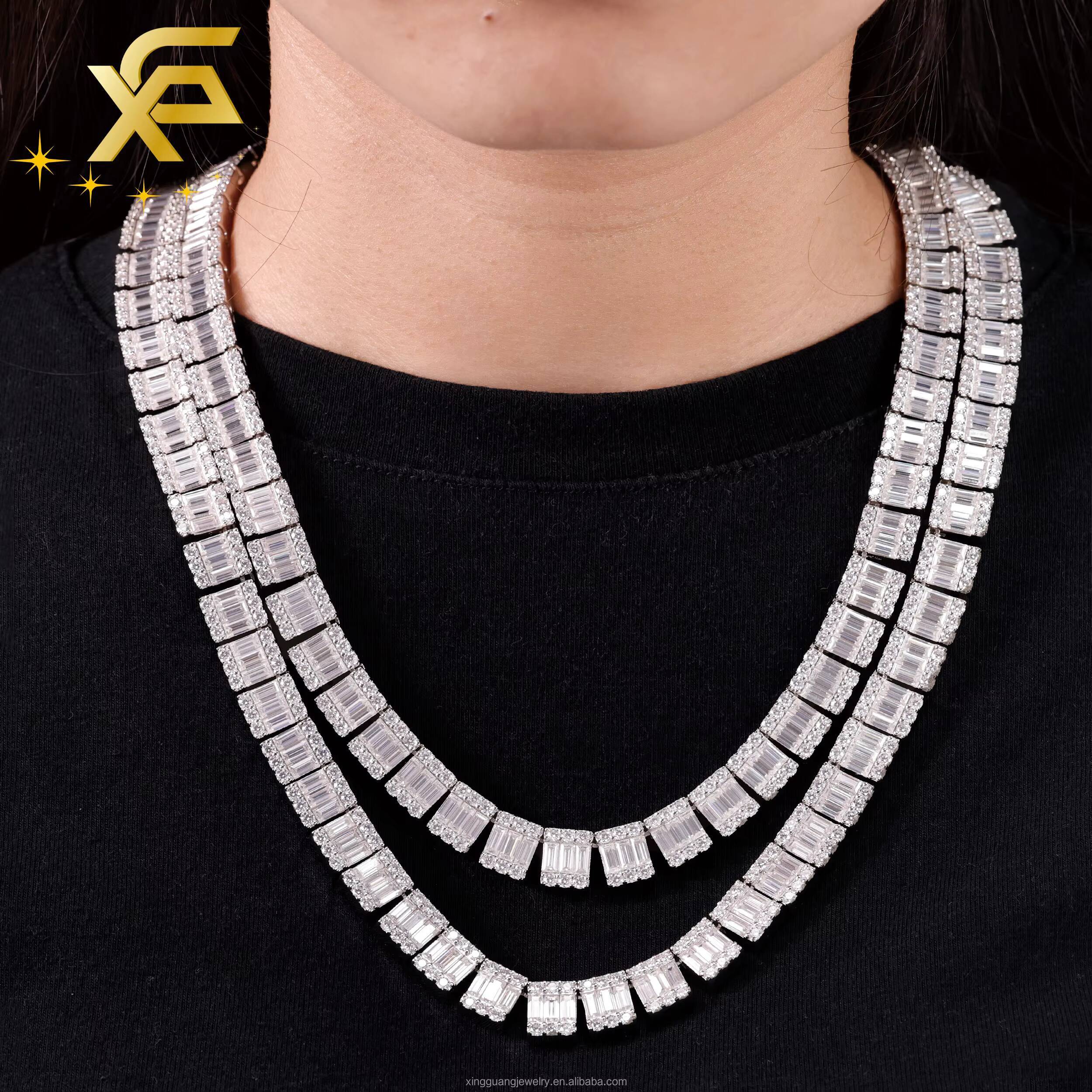 Luxury Baguette Diamond Necklace Iced Out VVS Moissanite Diamond 10mm Cuban Chain White Gold Plated Sterling Silver Men Jewelry