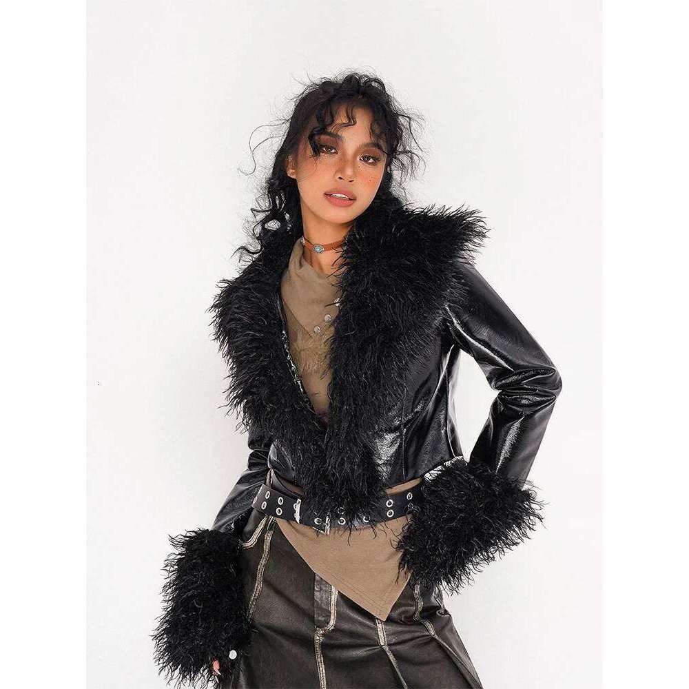 Winter Women Fur Gothic Pu Faux Leather Racer Jacket Crop Grunge Outwear Japanese Abi Y2k Dark Academia Coat Haruku