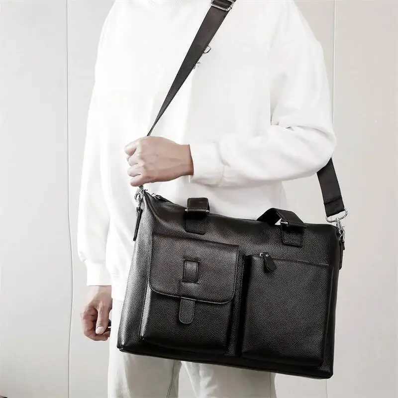 Bussiness Genuine Laptop Briefcase Large Cow Leather Protable For Man Woman Black Male Shoulder Or Crossbody Bag W251022