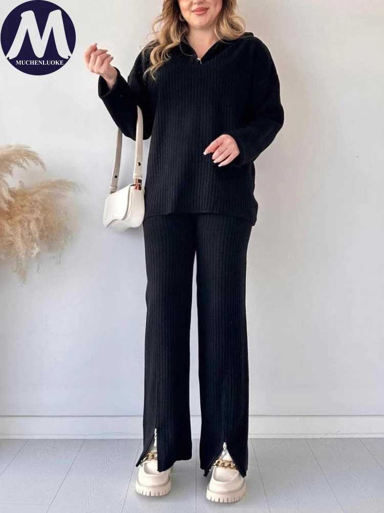 2 Pieces Set for Woman Autumn Winter Elegant Long Sleeved Zipper Knitted Sweater Tops Suits Fashionable Casual Loose Pant SetsT251022