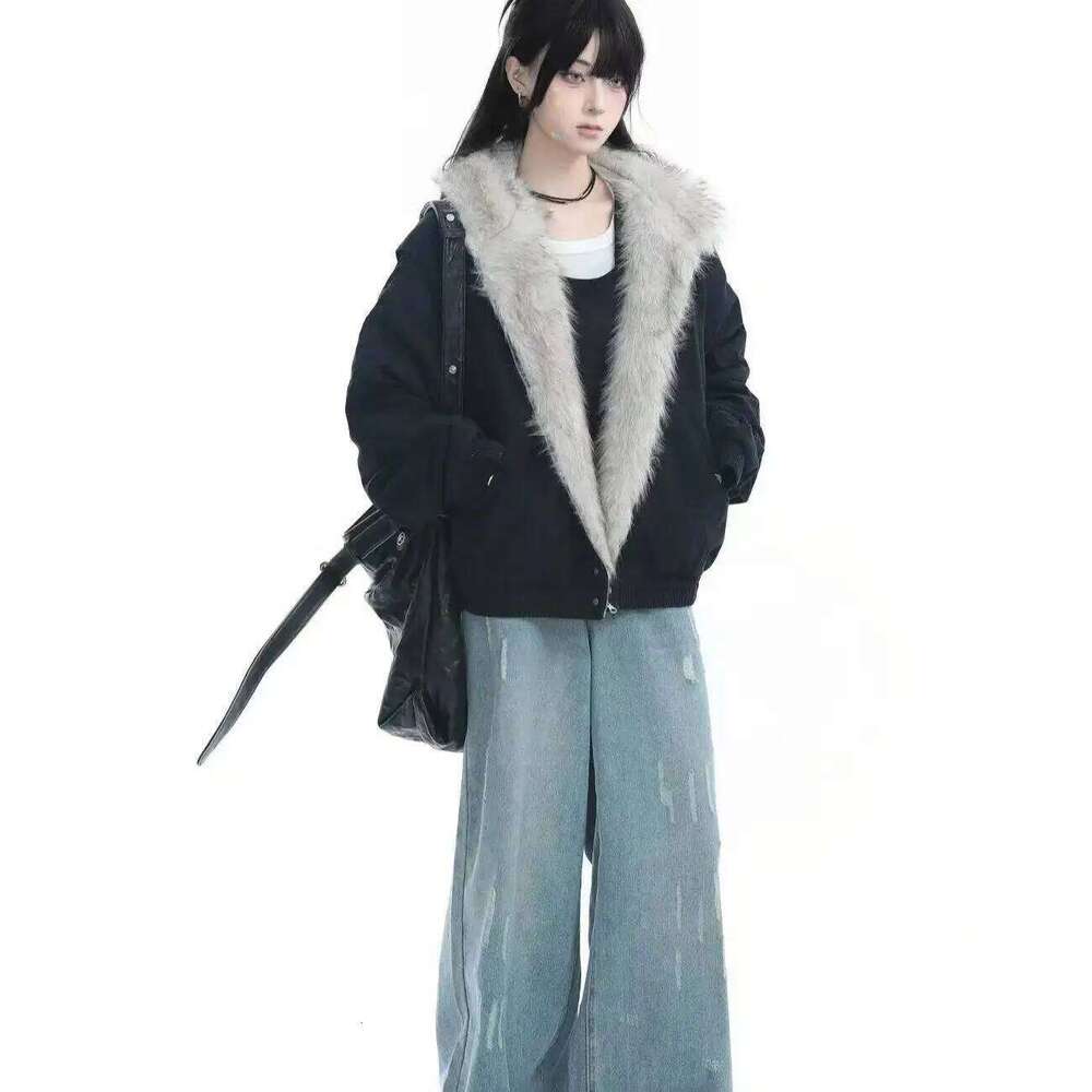 American Haruku Warm Mens and Womens Retro Simple Plush with New Loose Leather Motorcycle Punk Fur Collar Jacket