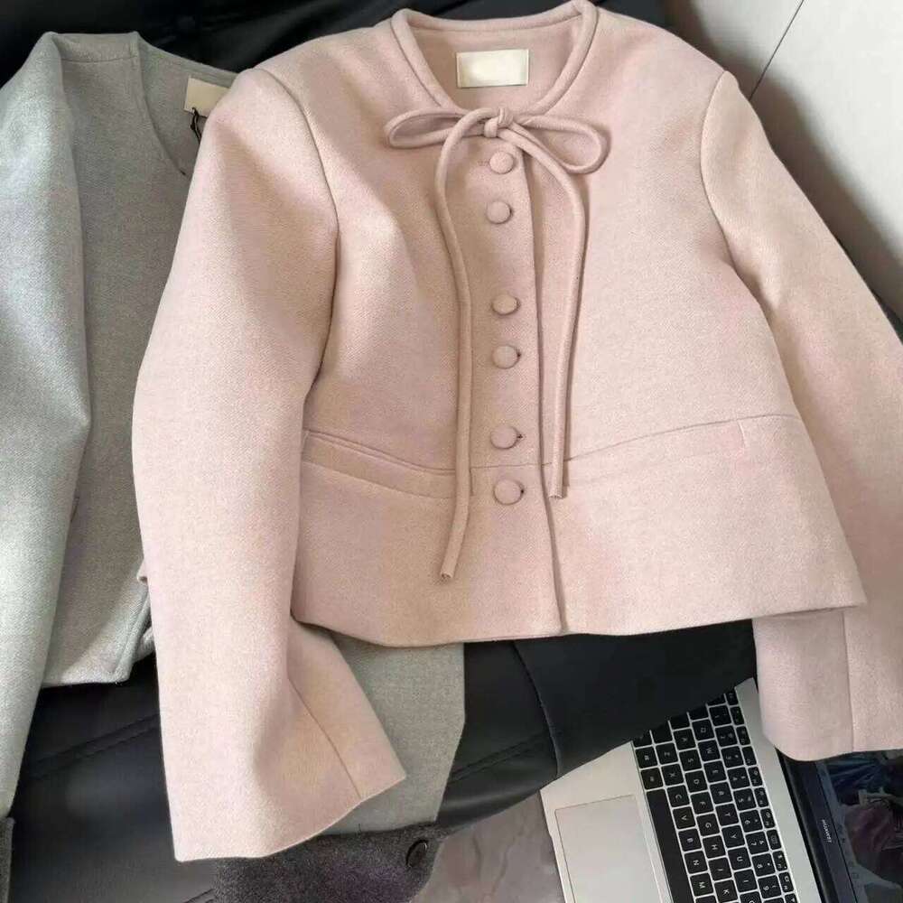 Plus Size Korean Style Short Woolen Coat Women's Loose Fit Butterfly Knot Tied Jacket Autumn Winter New Arrival Casual round ...