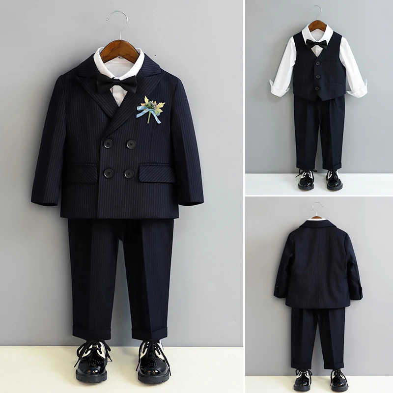 Kids Ceremony Attire blue Fashion Stripe Piano Performance Tuxedo Boys Wedding Suit Formal Children School Uniform Blazer Set 251021
