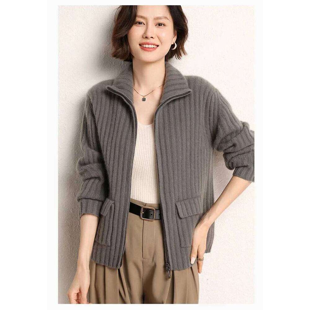 Women's Heavy Three-Strand Pit Pure Cashmere Cardigan Stand-Up Collar Zipper Knitted Sweater Ingenious Craftsmanship Loose Coat 251022