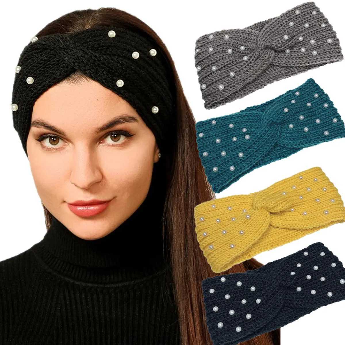 New Pearl Knitted Cross Headbands For Women Girls Handmade Hair Accessories Autumn Winter Headwear Ear Warmer Elastic Hair band V251022