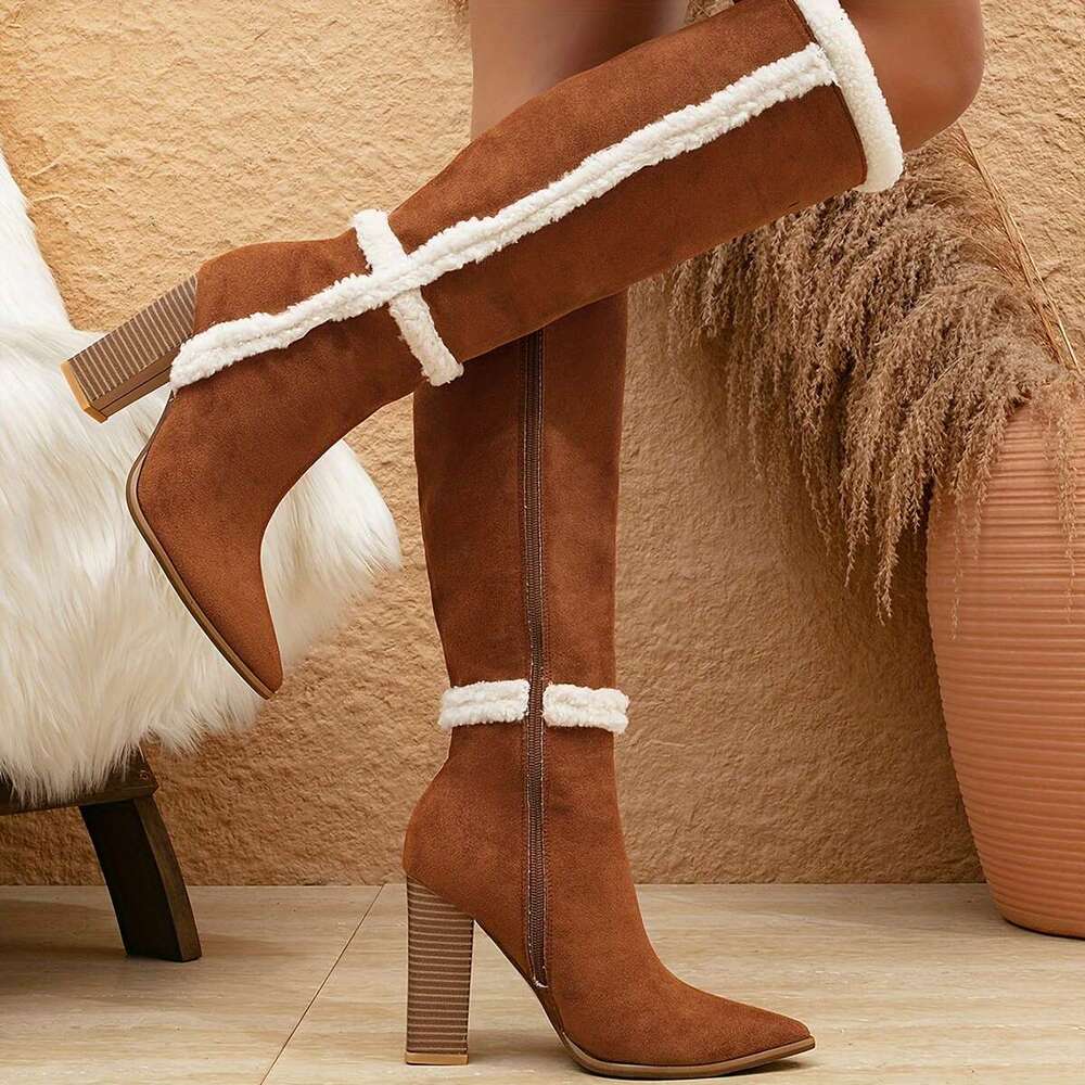 Women's Block Heeled Knee High Fashion Point Toe Plush Lined Boots, Comfortable Side Zipper Boots