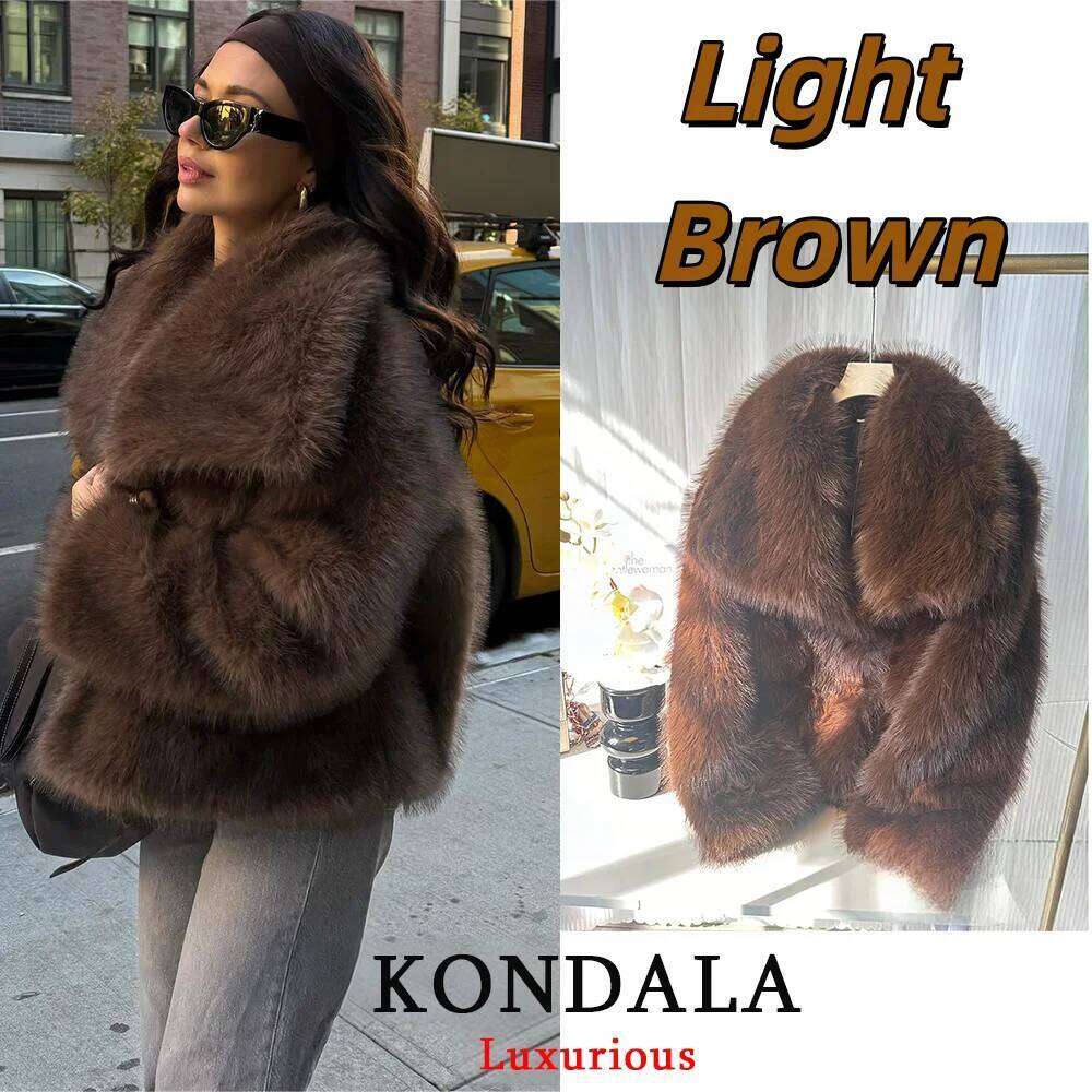 KONDALA Casual Brown Thick Jackets Women Long Sleeve V Neck Autumn Winter Faux Fur Coats Fashion 2025 Streetwear Outwears