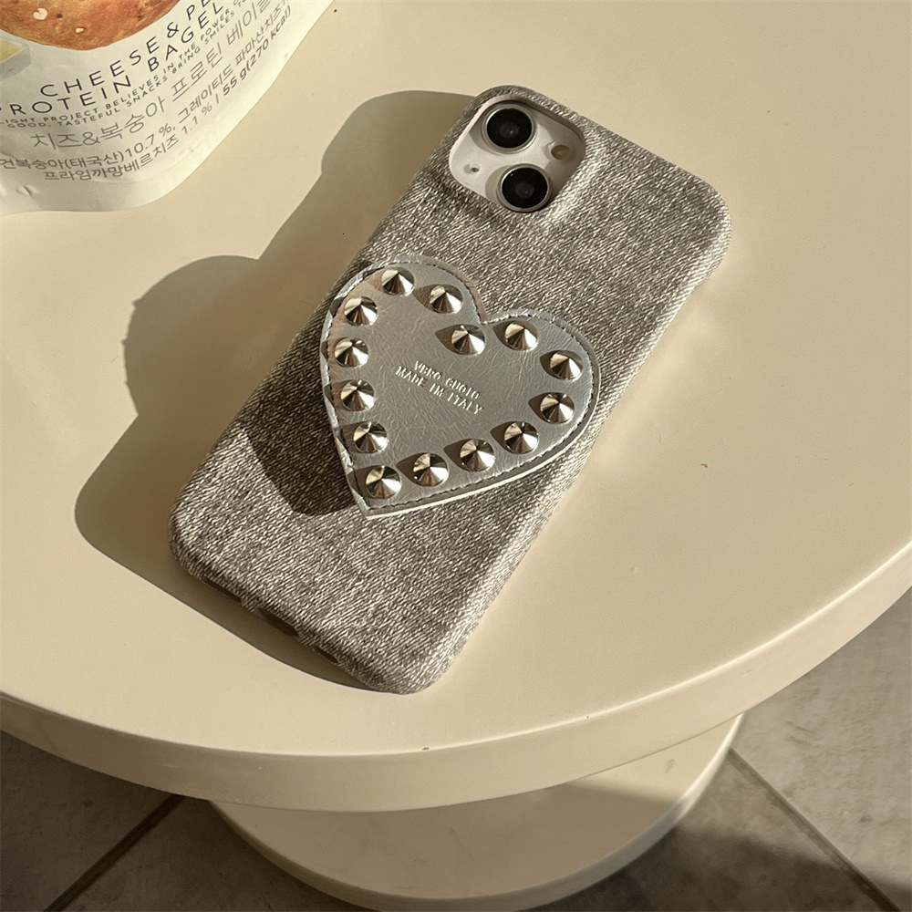 Cute Compatible with iPhone 17 Pro Max Case, Denim Leather Texture Rivet Heart Stand Phone Case Protection Soft Cases for Women Girls