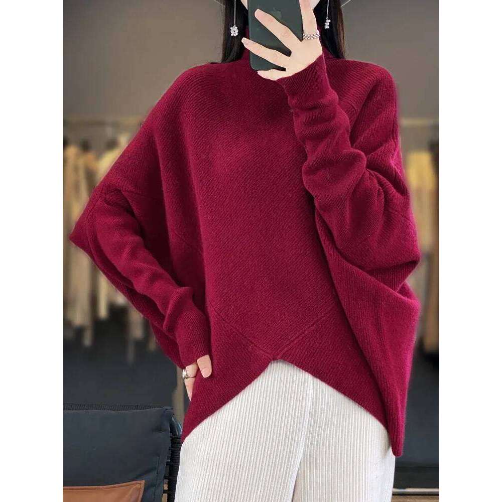 Women's Skin-Friendly Turtleneck Wool Sweater Loose Thick Bat Irregular Monochromatic Autumn Winter Fashion Female Top 251022