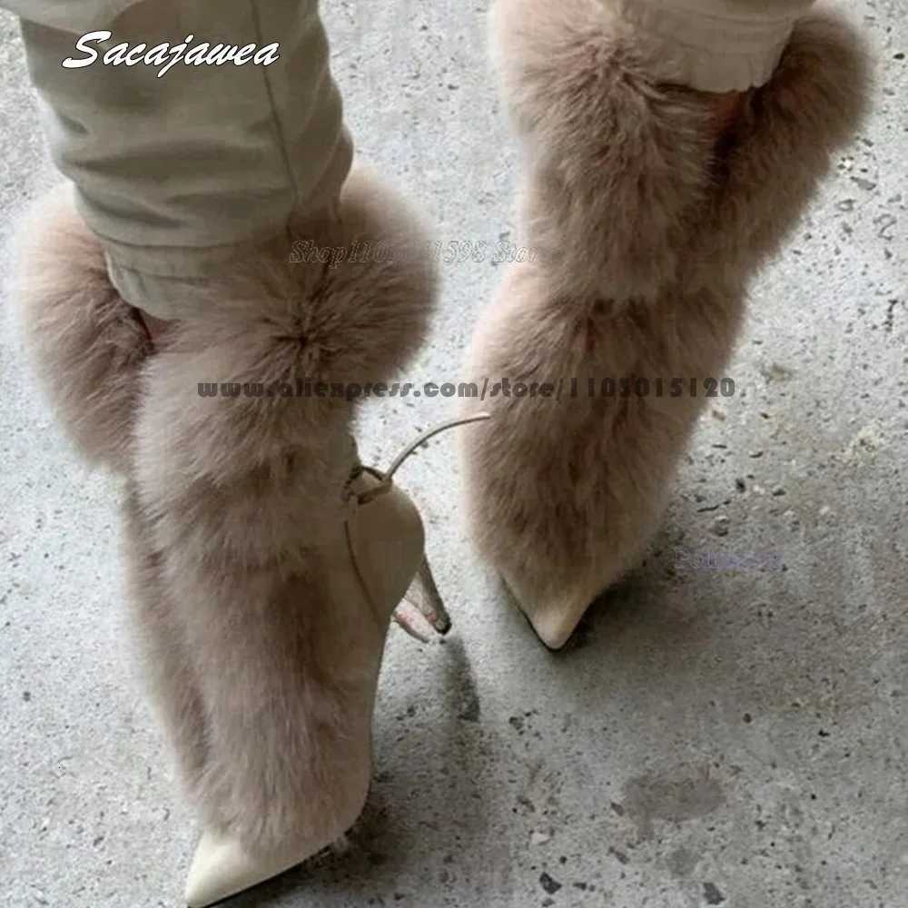 Solid Fur Back Drawstring Plush High Heel Boots Size 3542 Pointed Toe Sexy Lady Modern Boots Slip On Grace Party Boots Z251020