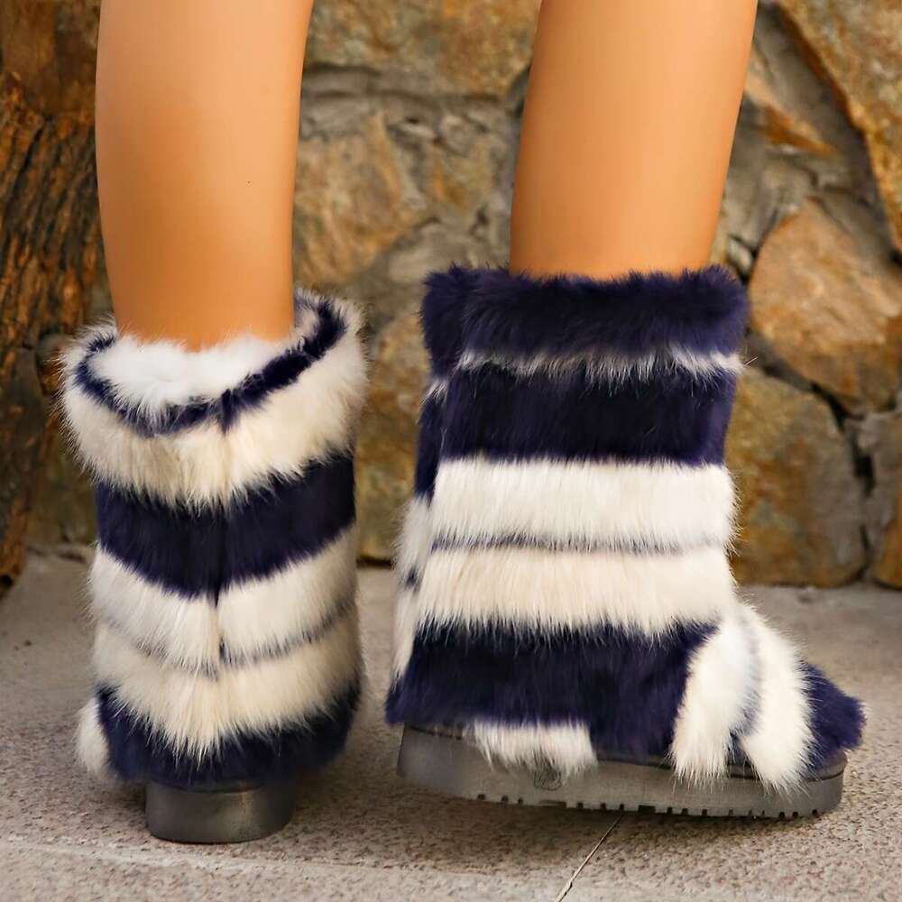 Trendy Fuzzy Faux Fur Plush Thermal Furry Boots, Casual Versatile Flat Wear Resistance Non Slip Snow Shoes