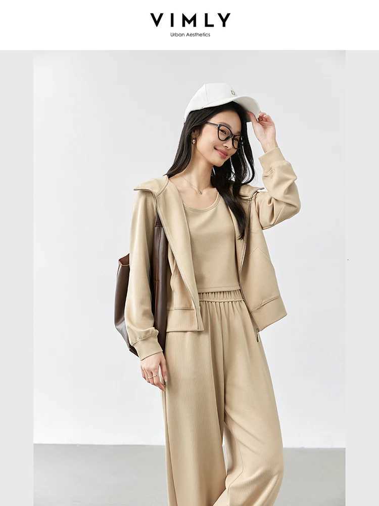 VIMLY Women 2025 Autumn Sporty SweatshirtsVest Pants 3Pcs Suit Office Lady Outfits Casual Sets Ladies Simple Tracksuit A0305T251022