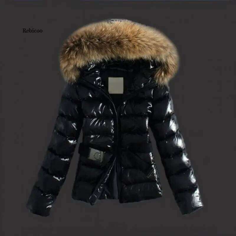 Parka Women Casual Padded Pu Leather Jacket Solid Hooded Long Sleeve Zip-Up Thick Warm Short Coat With Belt