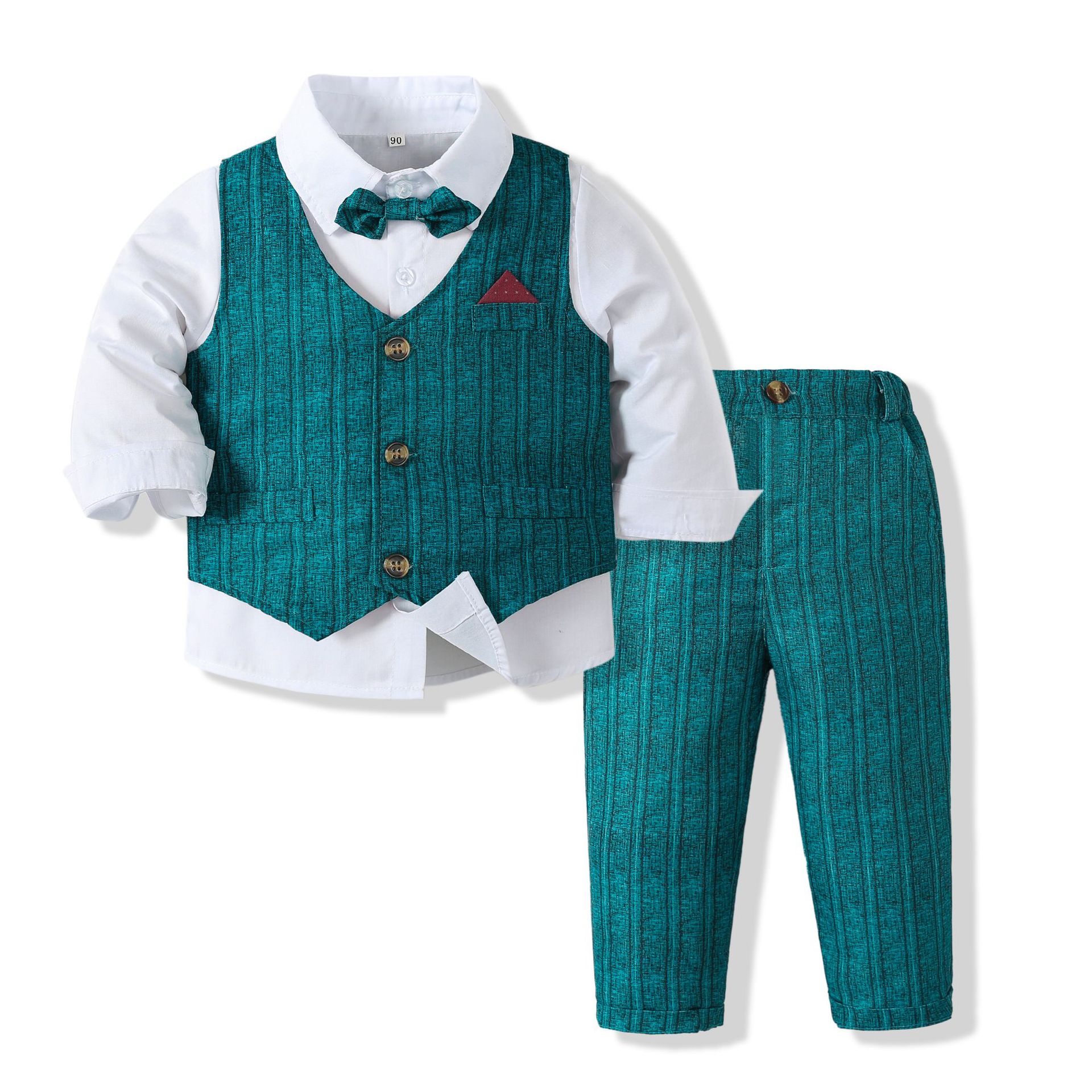 2025s New Spring & Autumn Boys' Formal Outfit Shirt Vest & Pants Set Toddler Baby Suit for Kids Free Shipping green blue Xmas dress