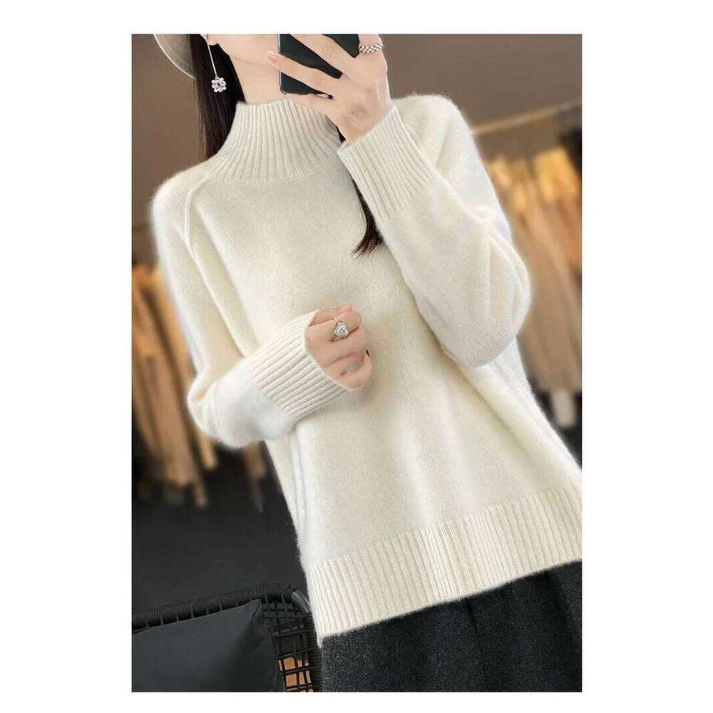 Women's High-Necked Cashmere 100% Soft Wool Thickened Lazy Raglan Sweater With Slit For Autumn Winter Comfortable Waxy W 251022