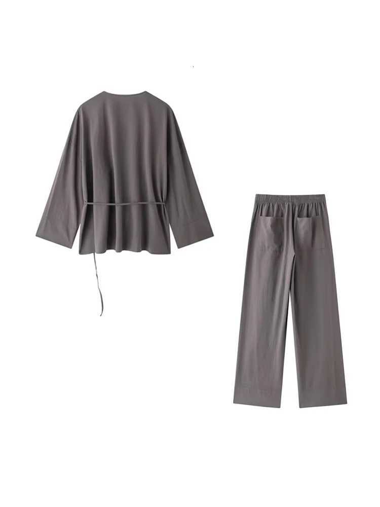 Women Fashion With Tied Loose Kimono Blouses And High Elastic Waist Side Pockets Pants Female Two Piece Sets MujerT251022