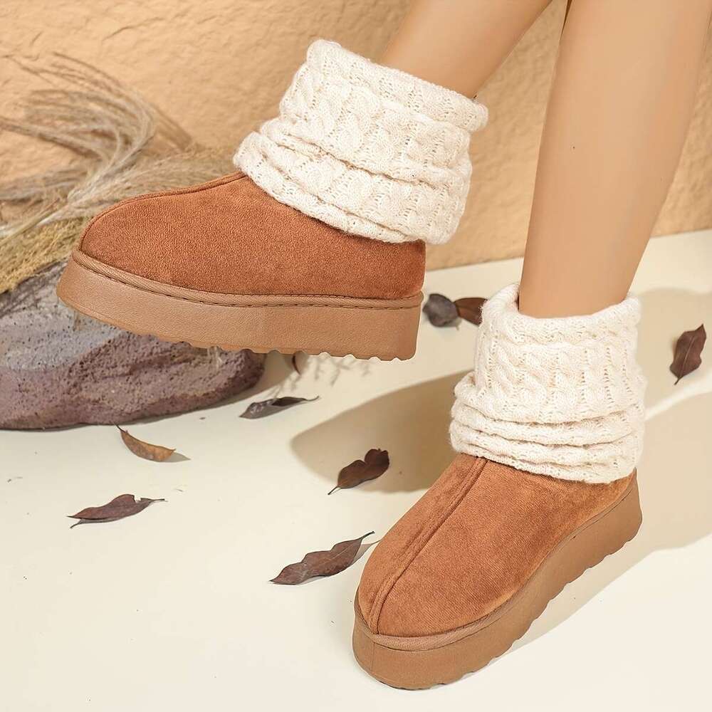 Women's Cozy Slip-On Mid-Calf Boots With Thick Platform Round Toe Cuff Soft Fabric Upper, Faux Cover Sole, Beige, Brown, Black - Perfect For Outd