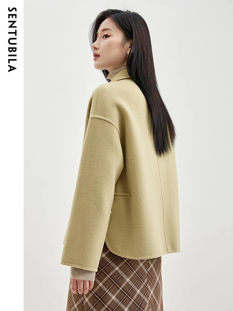 SENTUBILA 100 Wool Winter Coat Women Elegant Loose Double Sided Short Jacket Big Pocket Female Outerwear W34O49736 251021