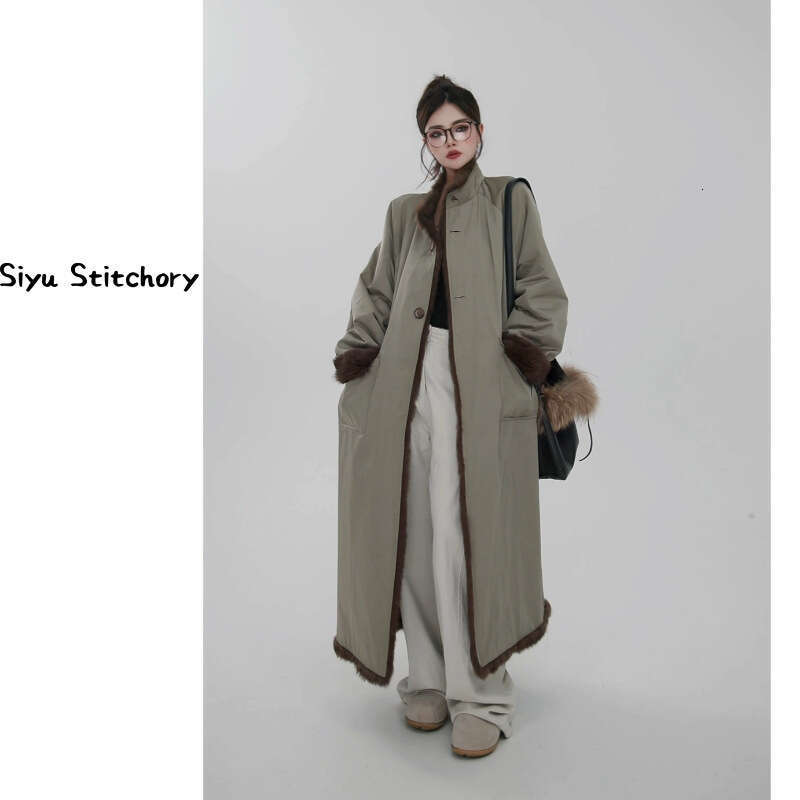 2025 Design New Angora Rabbit Long Reversible Fur Coat For Women Fur Coat Jacket Rabbit Fur Lining Sheepskin Collar Long Style Coat Clothing