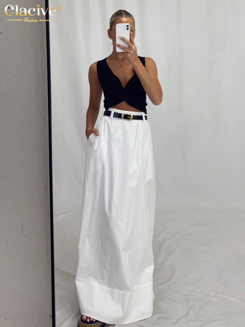 Clacive Fashion Loose White Cotton Womens Skirt 2025 Casual High Waist Long Skirts Elegant Classic Solid Skirt Female Clothing 251022
