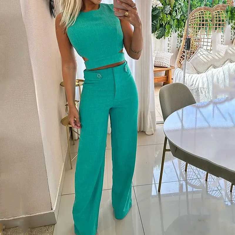 Two Piece Sets Women Splice Tops Sleeveless Button Pants Set Slim Fit Casual Straight Trousers Solid Office Lady SpringT251022