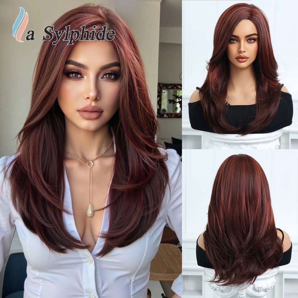 Full Wig Dark Brown Side Part Long Straight Matte High Temperature Fiber Age-Reducing High-Layered Collarbone Hair