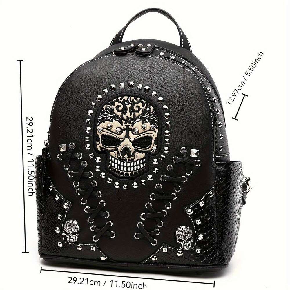 Women's Punk Set Large Synthetic Biker Bag Detachable Strap, Zippered Compartments, Skull & Spiked Design High Quality Soft Shell With Wallet Att