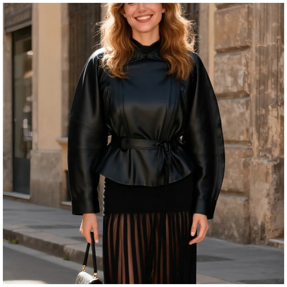 Womens black faux leather belt jacket with a collar trendy and fashionable autumn winter coat 251106