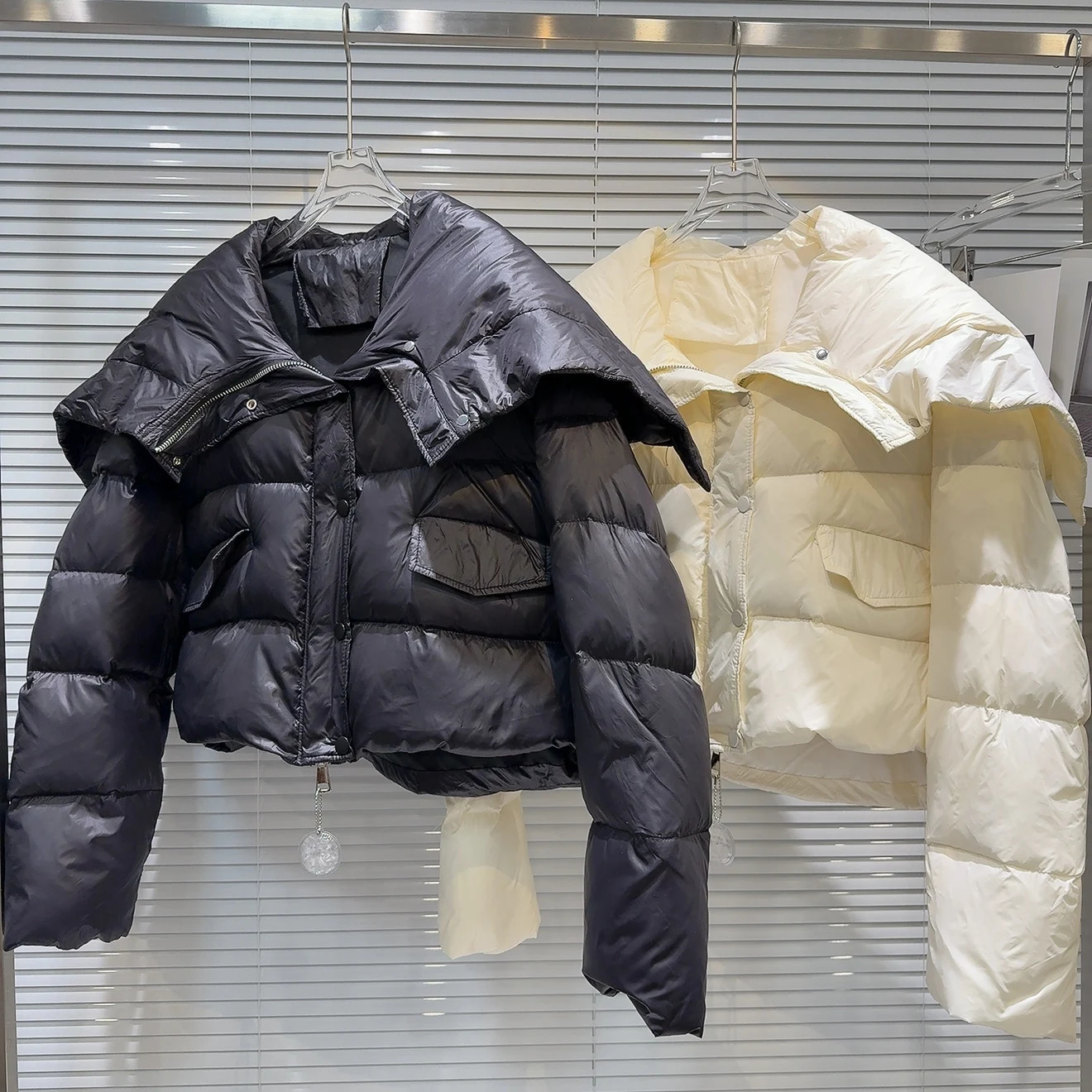 Winter Warm Short Big Lapel Collar Shawl Down Jacket Women White Duck Cotton Jackets Female Pocket Zipper Parker Outwears 251017