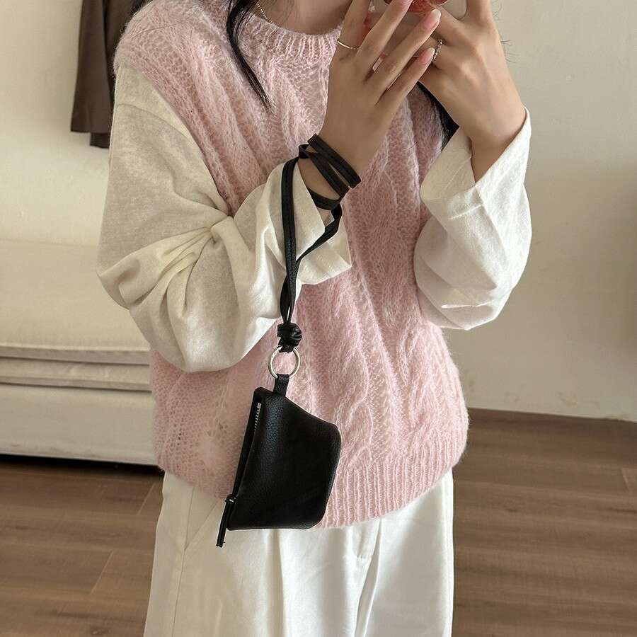 New Halter Neck Mini Fashion Versatile Lipstick Coin Purse Ins Style Solid Color Soft Leather Single Shoulder Earphone Bag B5