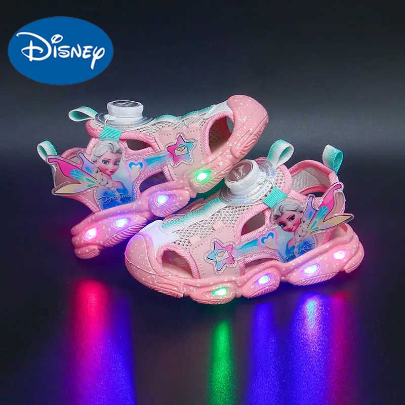 Disney LED Sport Sandals Summer Cartoon Princess Elsa Sandals For Girls Casual Beach Shoe Soft Sole Nonslip Kids Shoes Size 22 H251022