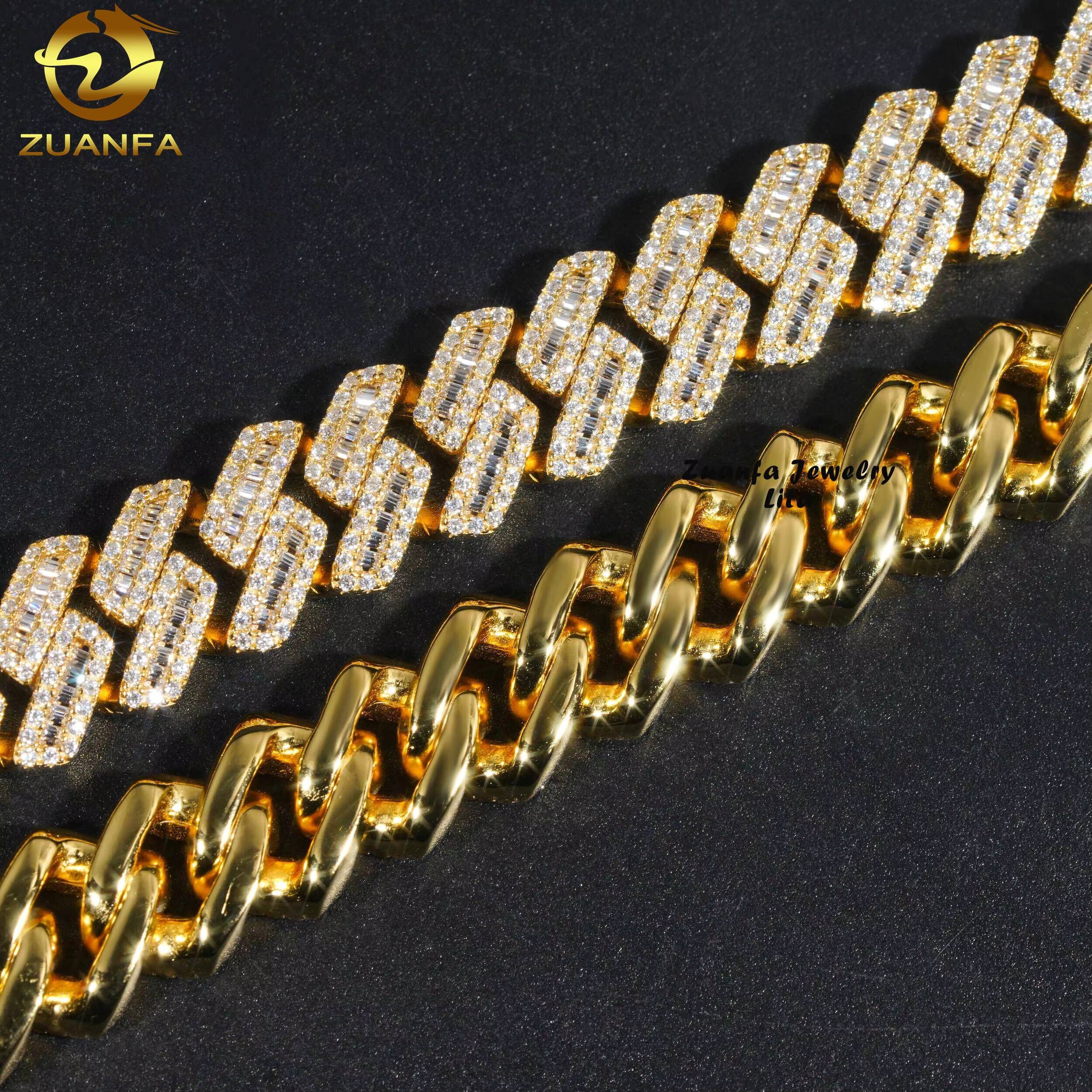 Hip Hop New Style Iced Out Silver 12MM Width Baguette Moissanite Diamond Gold Plated Cuban Link Chain