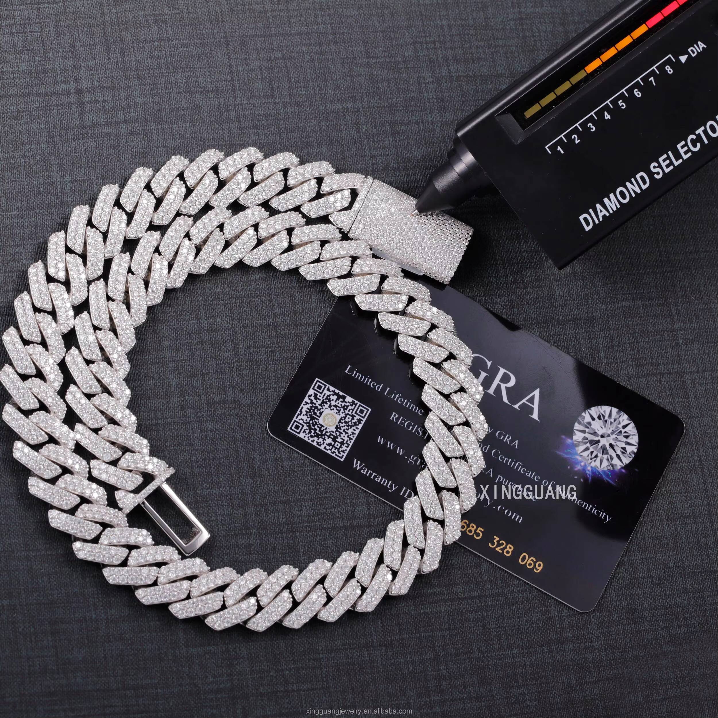 Fine Jewelry Iced Out 15mm Pass Diamond Tester 925 Sterling Silver Moissanite Hip Hop Cuban Lidynamic Chains Bracelet Necklace