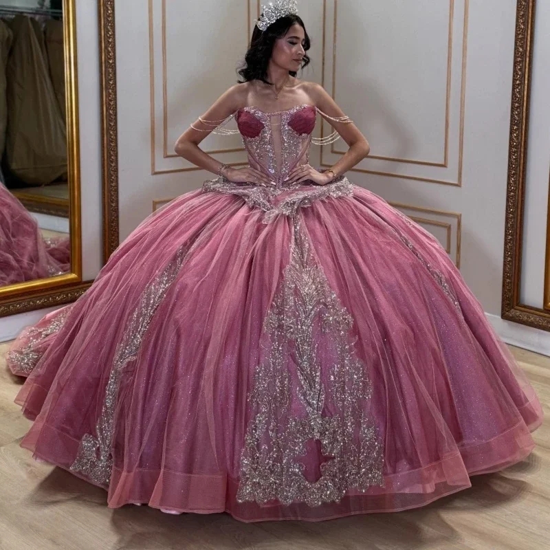 Dark Pink Ball Gown 15 Year Old Quinceanera Dresses 3D Handmade Beads Brithday Evening Party Dress