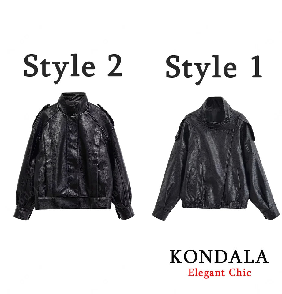 KONDALA Women Autumn Standup Collar PU Leather Jacket High Street Zipper Fashion Fall Winter Female Coat 251021