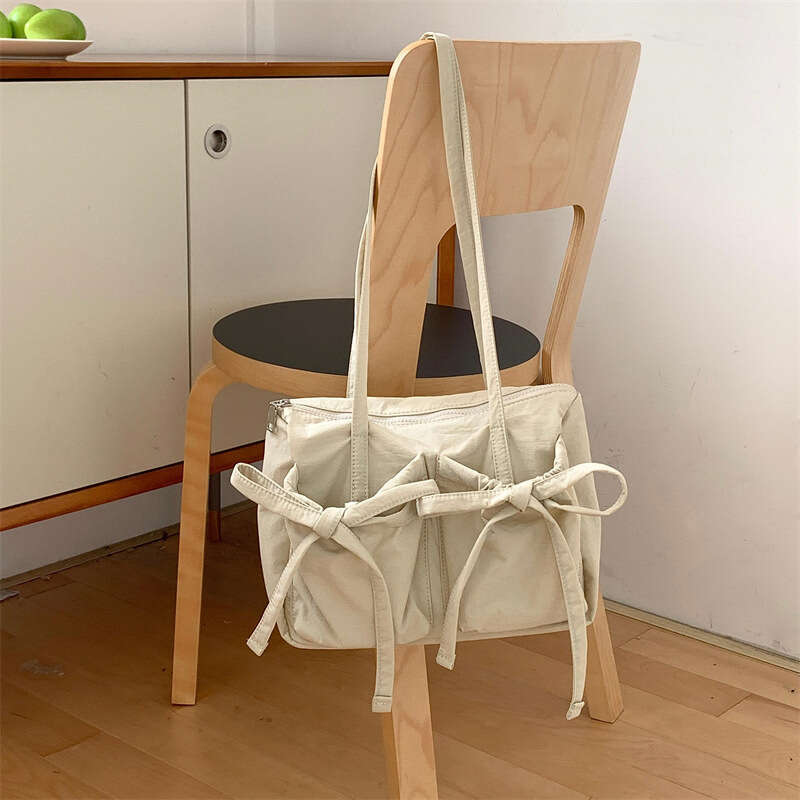 Korean Nylon Tote Large Capacity Women's Casual Shoulder College Student Class Bowknot Morning Commute Bag B5