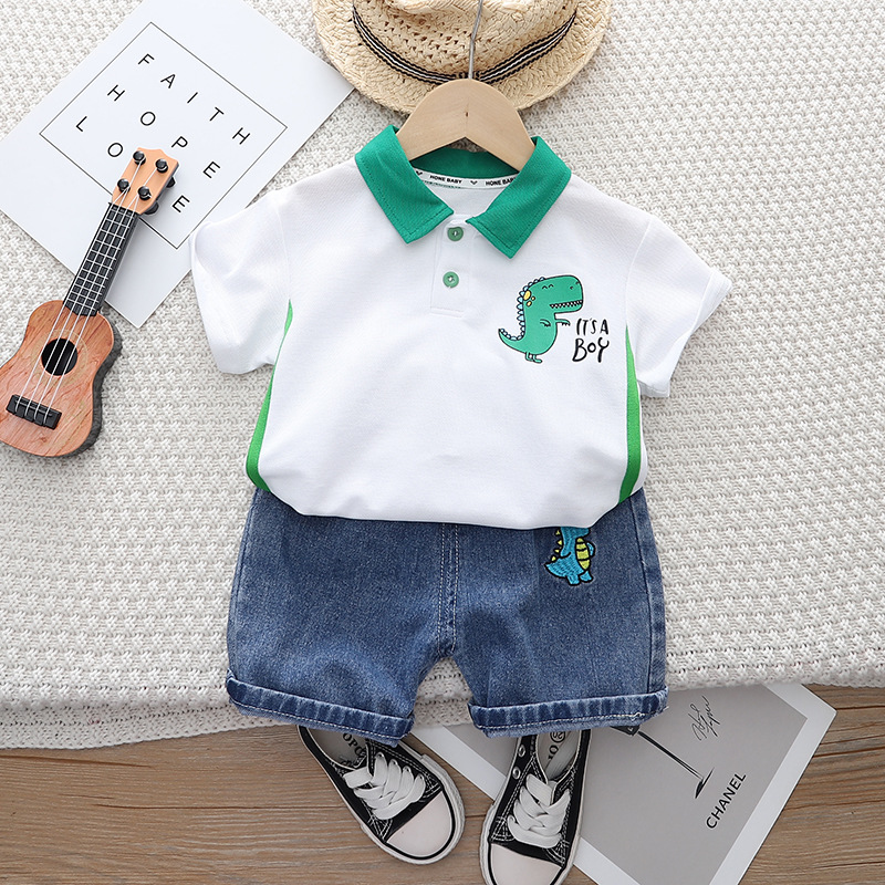 Free Shipping Dinosaur Print Boys 2-Piece Set, 2025 New Polo Shirt and Shorts Outfit, Summer Sports Clothes for Baby Boy