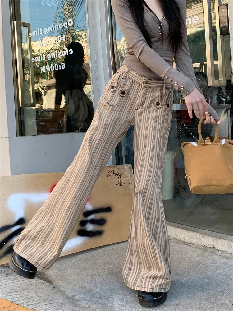 Y2K Vintage Jeans Women Old Money Low Rise Skinny Striped Denim Pants Retro Korean Chic Fashion 251017