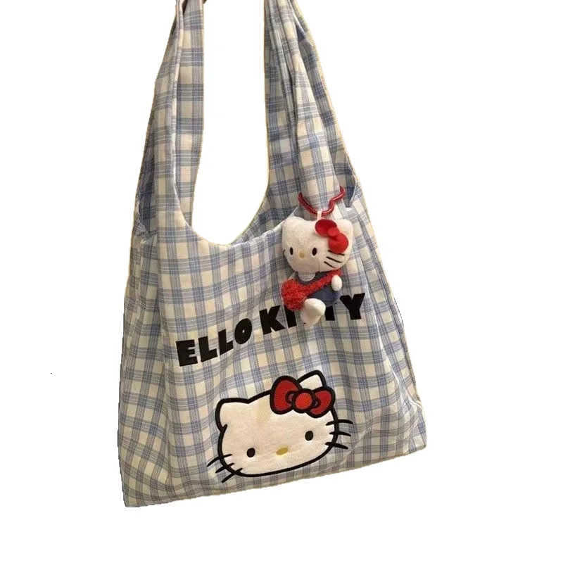 Sanrio Cute Hello Kitty Shoulder Bag Oversized Cotton Canvas Tote For Girls Fashion Kawaii Shopping Bag With Adorable Cat Print L251022