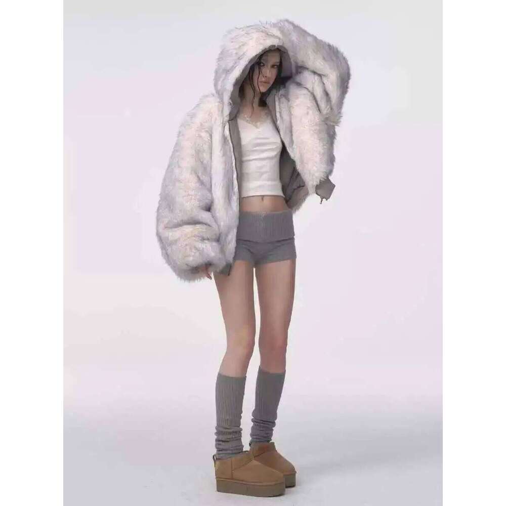 Winter American Retro Fur Women Padded Hooded Cotton-Padded Jacket Plush Casual Street Gothic Haruku Oversize Coat