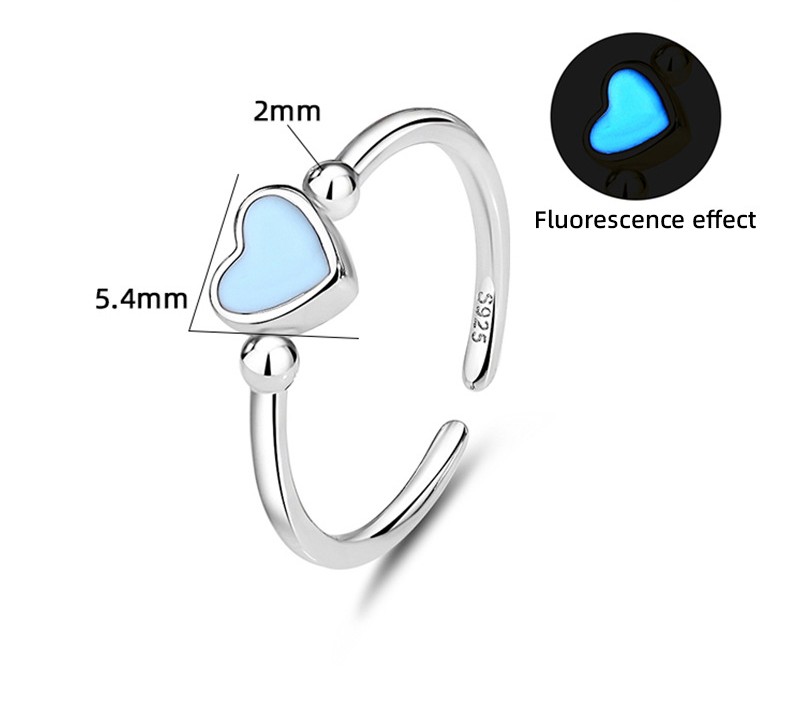 TaiYang New S925 Sterling Silver Minimalist Blue Glow Heart Ring, Adjustable Stacking Blue Ring Gift for Women